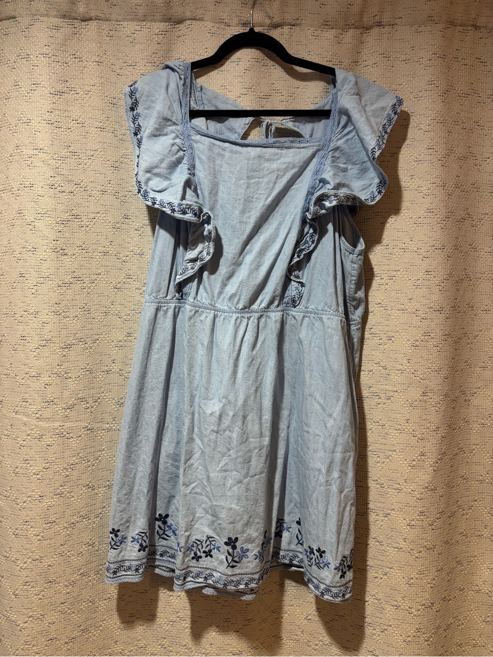 Light Blue Denim Flutter-Sleeve Ruffled Mini Dress with Floral Embroidery